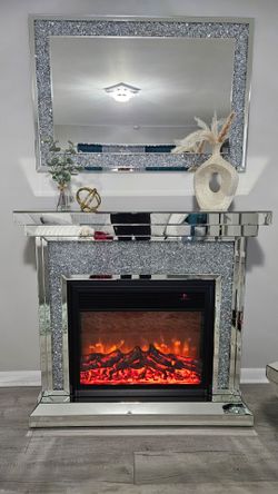 Modern Glam Furniture Set – Glam Mirror, Fireplace & Diamond Coffee Table