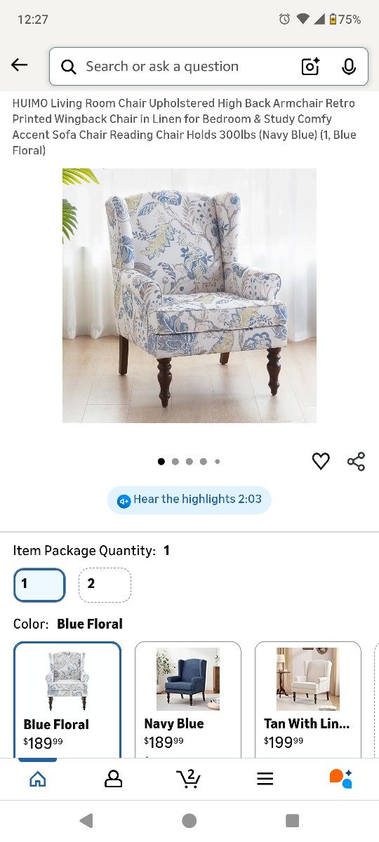 HUIMO Living Room Chair Upholstered High Back Armchair Retro Printed Wingback Chair in Linen for Bedroom & Study Comfy Accent Sofa Chair Reading Chair