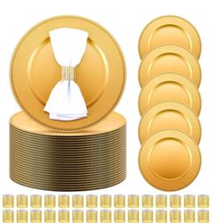 Tanlade 100 Pcs Charger Plates &Napkin Rings Set Include 50 Plastic Beaded Plate Chargers 50 Napkin Rings 13'' Round Dinner Plate Chargers S