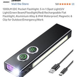 1300LM EDC Pocket Flashlight, 5-in-1 (Spot Light/UV Light/Green Beam/Floodlight/Red) Rechargeable Flat Flashlight, Aluminium Alloy & IP44 Waterproof, 