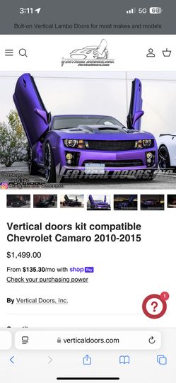 Lambo door hinge conversion kit compatible with the Chevrolet Camaro 2010-2015 by Vertical Doors Inc.