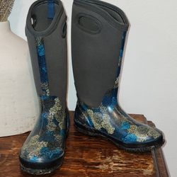 Bogs Classic Rosey Tall Floral Flower Sz 7 M Blue Waterproof Rain Boot Neo Tech