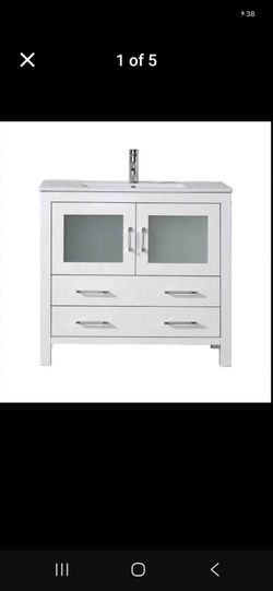 36" white bathroom  vanity with frosted glass doors