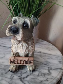 $15 Miniature Schnauzer, Salt and Pepper Color. Welcome Sign Around His Neck. Alabaster 6 1/2" Tall 