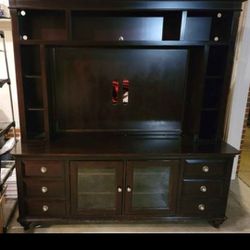 Expresso Brown Bullard Entertainment Center with accent lighting and glass front doors