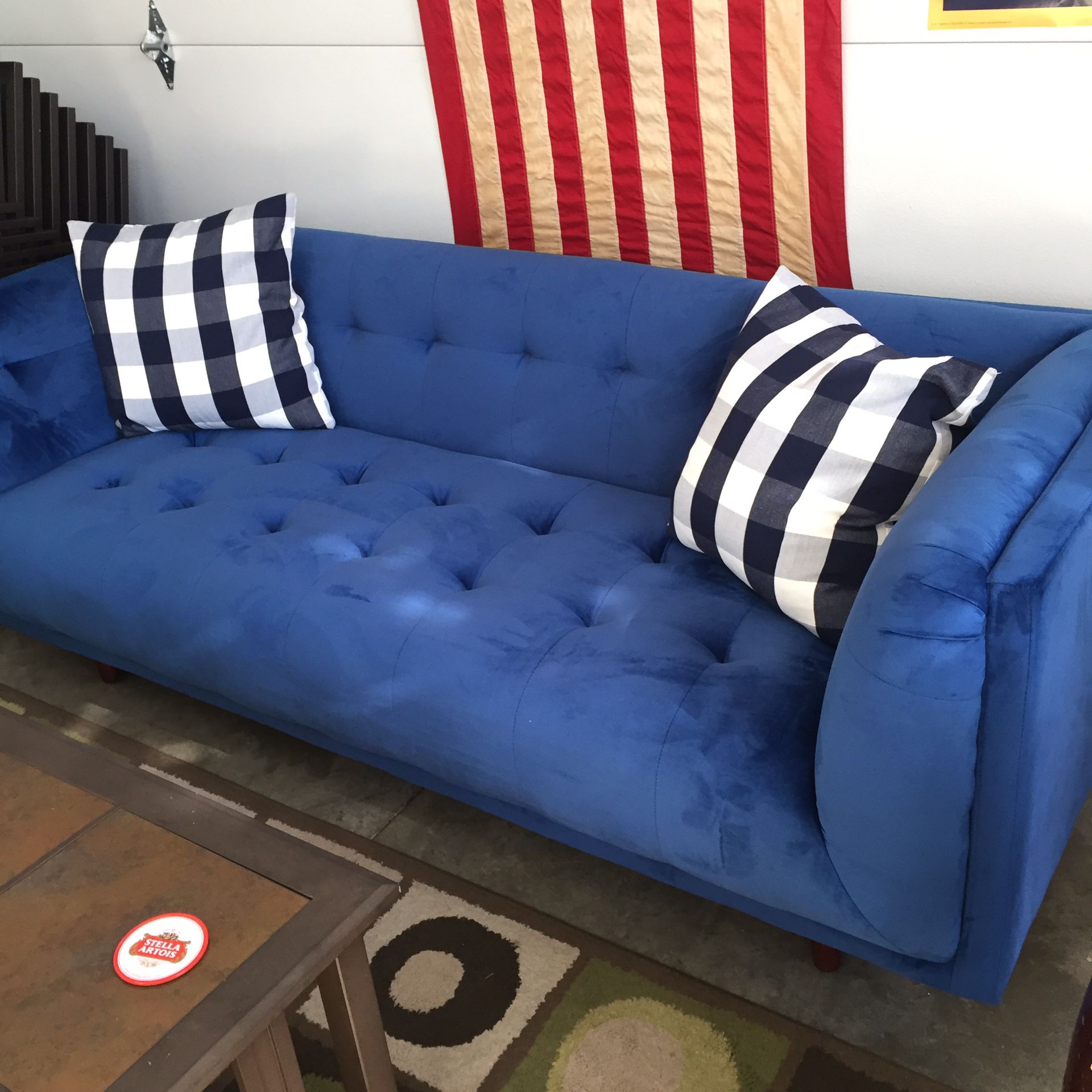 LIKE NEW 7' Blue Velvet Microfiber Sofa