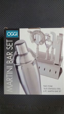 Brand new 6pc. Martini bar set, two tone, 18/8 stainless steel