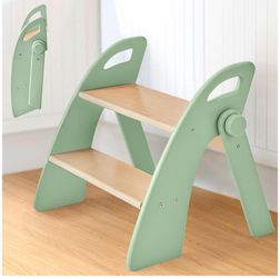 Wooden 2 Step Stool for Toddlers, Foldable 2-Step with Non-Slip Pads and Handles