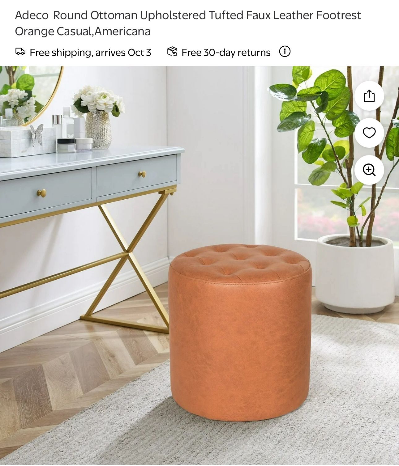 Round Ottoman Upholstered Tufted Faux Leather