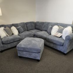 New! Dark Gray Corduroy Sectional and Ottoman 