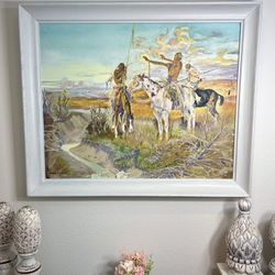 Original 1964 Oil Painting by Angus - Western Figurative Scene Framed 28" x 32"