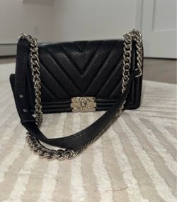 Black Chevron-Quilted Boy-Style Shoulder Bag with Silver Hardware