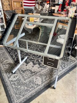 Glass Drafting Table with Storage, Adjustable Art Drawing Desk