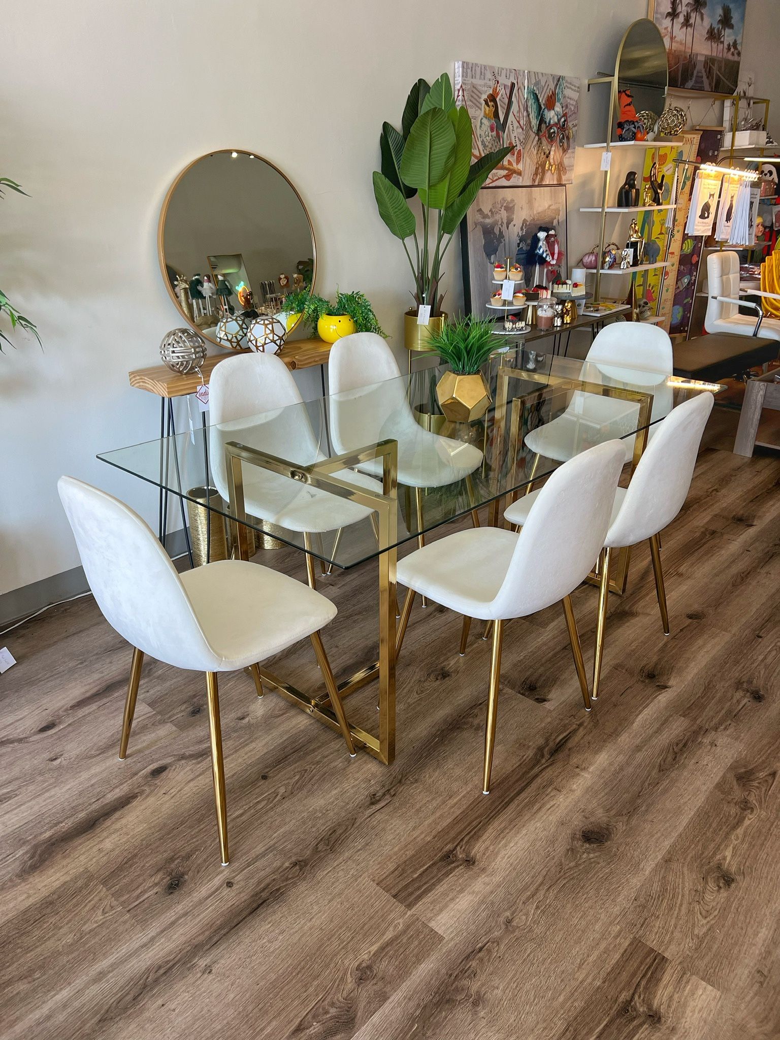 6 People Glass Dining Set With Velvet Chairs