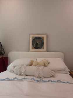 White Upholstered Bed Frame + Mattress Queen size– Great Condition