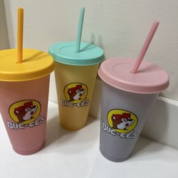 3 Buc-ee's Bucee's Tumbler 25oz Color Changing Cup Lid Straw Pink Green Yellow