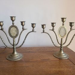 Vintage Brass And Jade Candelabras 
