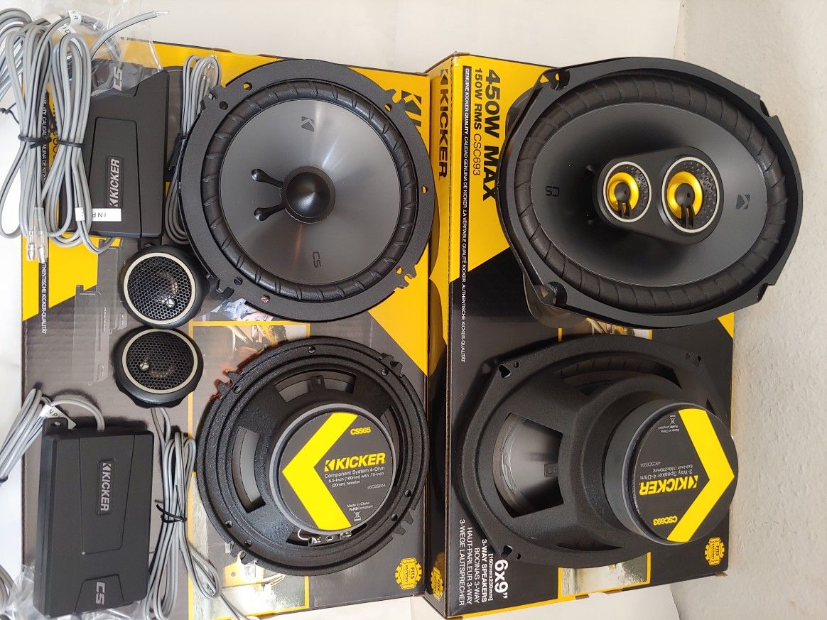 KICKER 1 PAIR 6.5" 300 WATTS COMPONENT SET WITH CROSSOVER & 1 PAIR 6×9 3 WAY 450 WATTS CAR SPEAKER ( BRAND NEW PRICE IS LOWEST INSTALL NOT AVAILABLE )