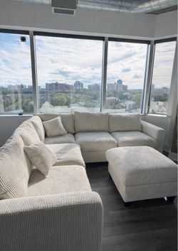 Brand new ivory color corduroy Sectional Sofa with ottoman