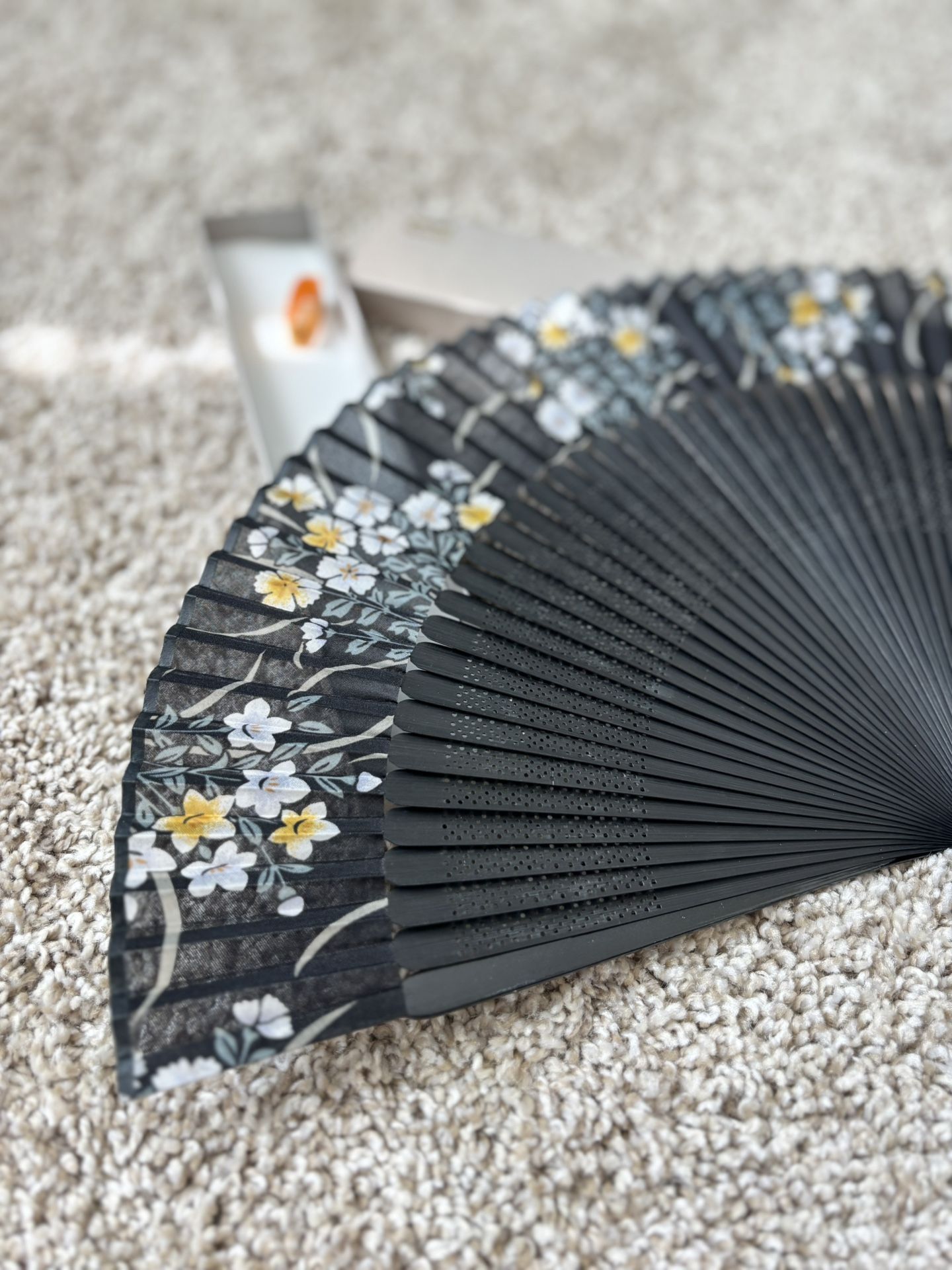 Elegant Black Floral Folding Fan with Gift Box