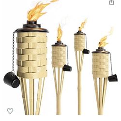 NEW- Faux Bamboo Outdoor Tiki Torches (Sundried Color, 4pack); Large Island Citronella Torch for Garden Lighting, Luau Party, and Tropical Decor