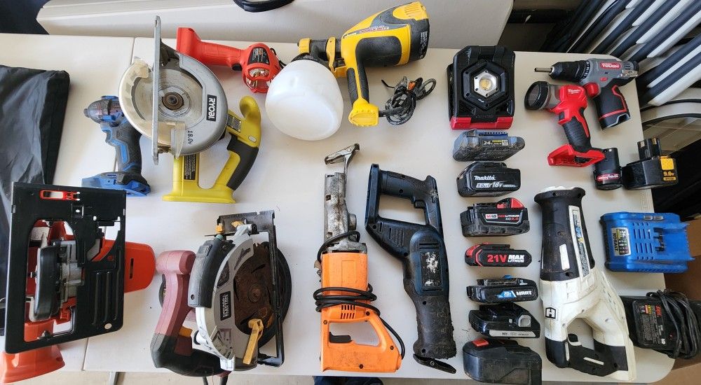 Multi-Brand Power Tool Lot – Untested – Saws, Drills, Batteries, Chargers & More