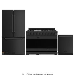 Thor Kitchen Gordon Ramsay 3-Piece Appliance Package - 48-Inch Gas Range with Double Oven, 36-Inch Refrigerator, and Dishwasher in Black