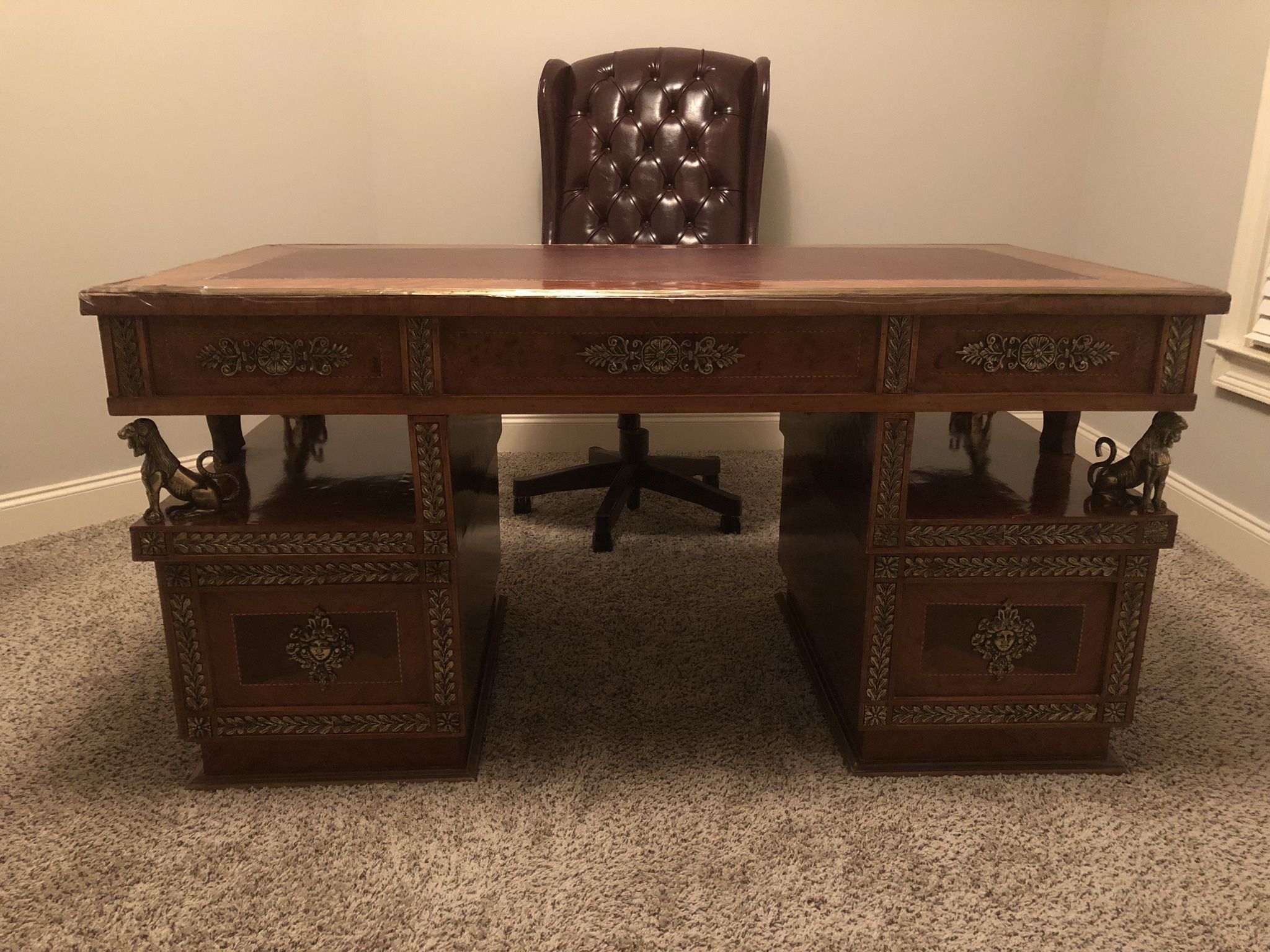 Custom Executive Desk With Brass Lion Accents