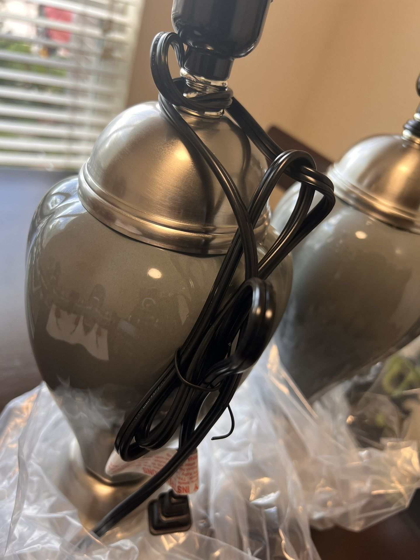 (2) Brand New Lamps / Gray Ceramic And Metal Topper