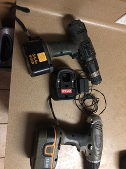 Ryobi brand cordless drills and charger with batteries