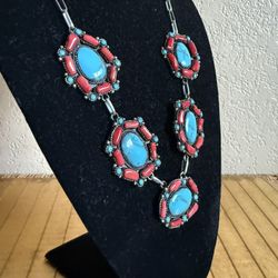 Turquoise, red coral Sterling, silver southwestern squash, blossom statement necklace