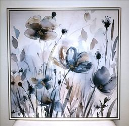 Framed Abstract Botanical Canvas Wall Artwork.Grey and Blue Flowers with golden and clear 3D details. Set of two. 24" x 24"