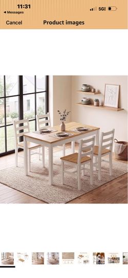 DlandHome Solid Wood Dining Table Set for 4, 5-Piece Dinette Set with 4 Chairs, Rubber Wood Frame & Space-Saving Design, Farmhouse Dinner Table Set fo