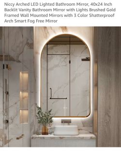 LOCAL PICKUP ONLY- Niccy Arched LED Lighted Bathroom Mirror, 40x24 Inch Backlit Vanity Bathroom Mirror with Lights Brushed Gold Framed Wall Mounted Mi
