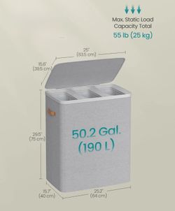 SONGMICS 50.2 Gal Laundry Basket Hamper 3 Compartments w/ Lid and Handles - Gray
