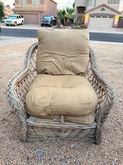Beige Wicker Outdoor Patio Chair With Cushions (LxWxH: 36” x 36” x 36”)