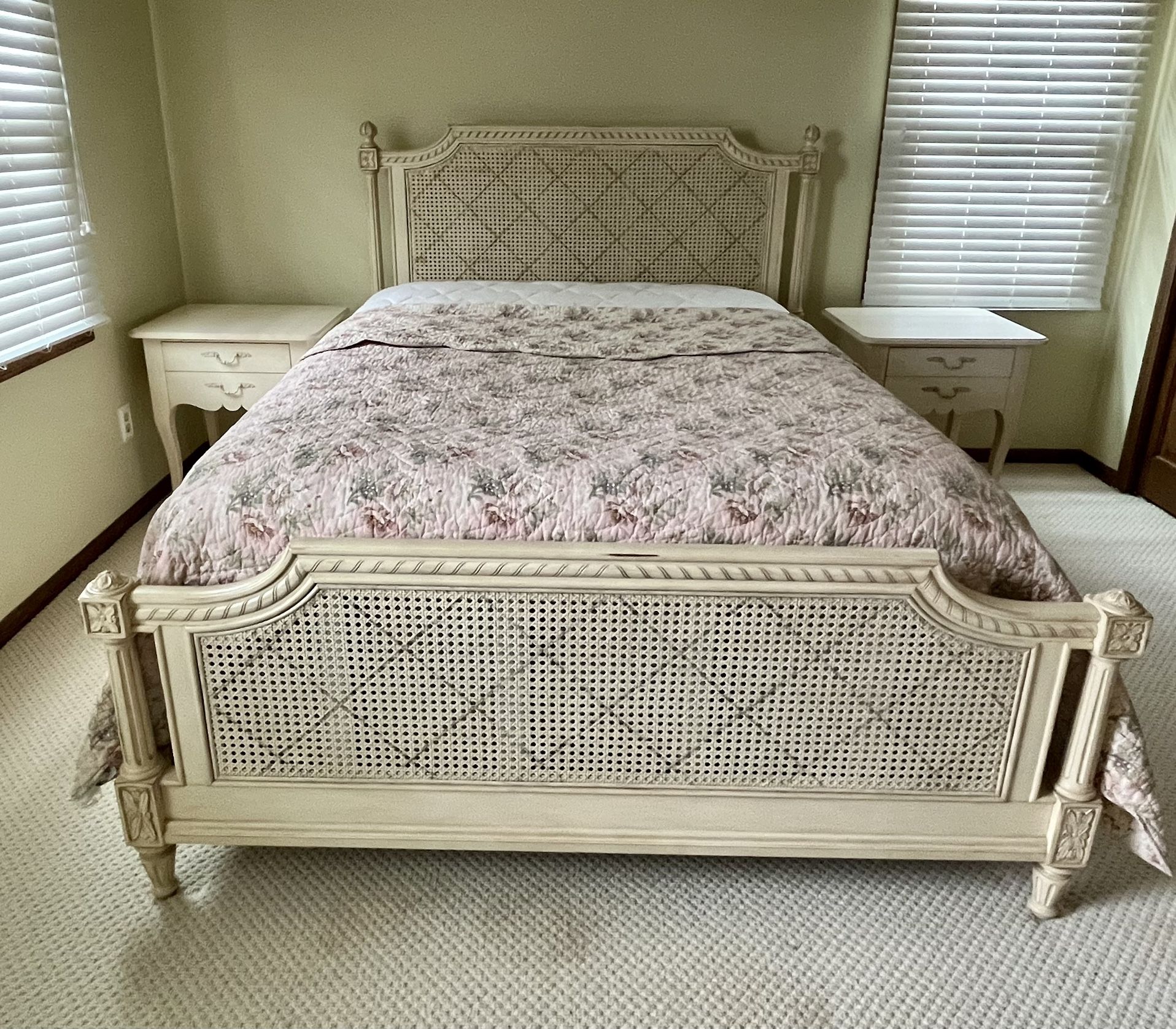 PENDING Ethan Allen Elise French Regency Carved Linen Caned Queen Bed Set