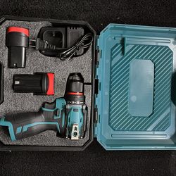 A drill, two batteries, a charger, and a case.