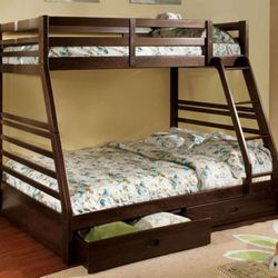 Brand New Espresso Twin Over Full Bunk Bed w Trundle Drawers 