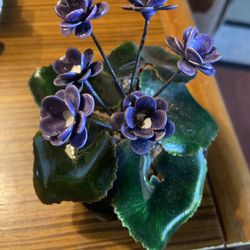 4”x4” Artificial Glass African Violet In Clay Pot 