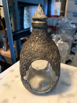 Antique Metal and Glass Decorative Bottle