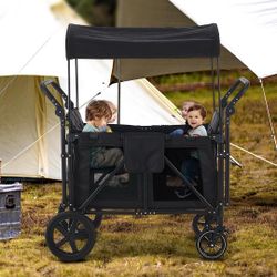Wagon Stroller for 4 Kids, Wagon Cart with 4 High Seats and Removable Canopy, Foldable Stroller Wagon (Black)  Still i