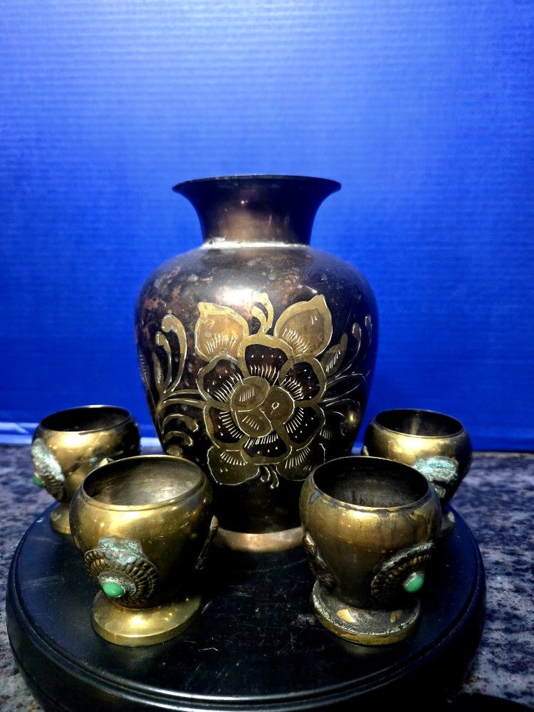 Set of Retro Vintage Etched Brass Vase and 6 Cups