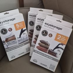 New EasyStorage Insta Space Flat vacuum storage bag sets- include one 5-pack value set with medium, large, and x-large sizes, and 3  2-packs of large 