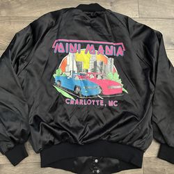 Vintage Satin Jacket Neon Bomber Button Mini Mania Car Racing Club 80s 90s Rare