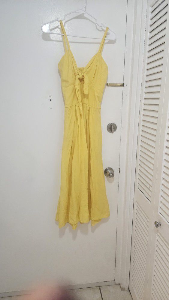 Yellow Linen Maxi Dress with Bow Detail