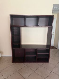 Dark Wood Entertainment Center / TV Wall Unit with Shelves & Storage