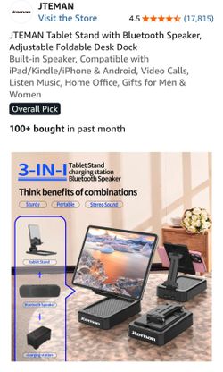 Jteman 3-in-1 Tablet Stand with Bluetooth Speaker and Charging Station