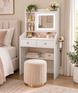 White Vanity Desk with LED Mirror and Stool
