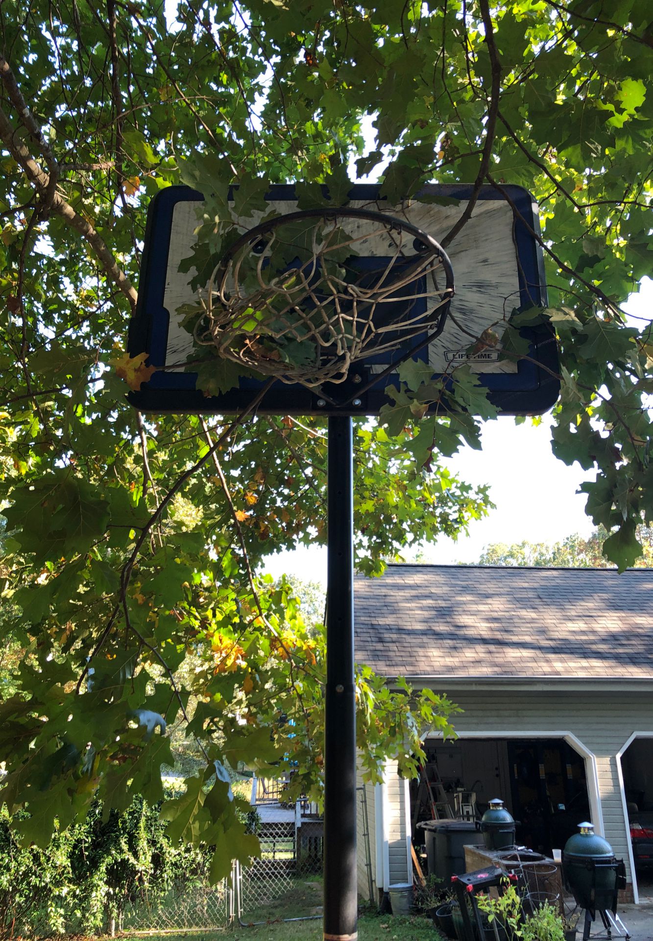 Portable adjustable basketball goal.